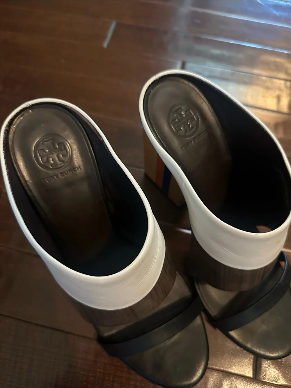 Tory Burch Cream, Brown & Black Striped Block Heel Mule